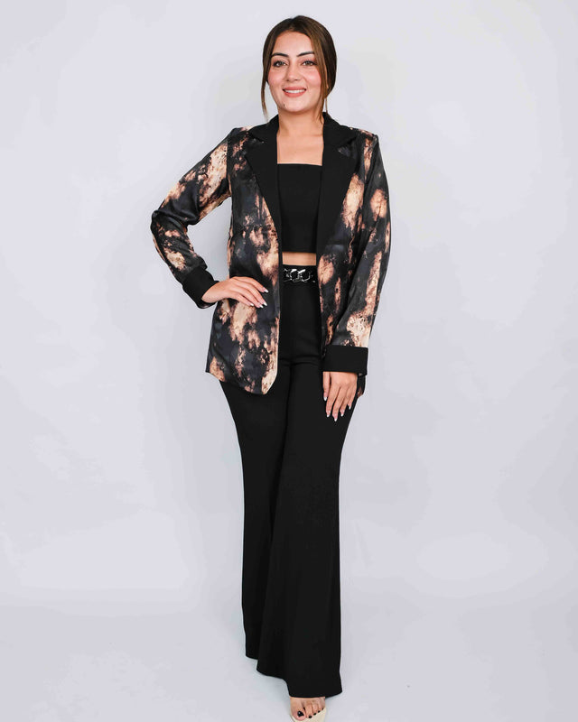 Animal Print Blazer Solid Crop Top and Flared Trousers Set