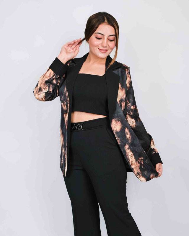 Animal Print Blazer Solid Crop Top and Flared Trousers Set