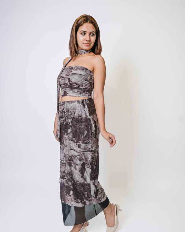 PATTERNED NET TUBE TOP WITH LONG SKIRT