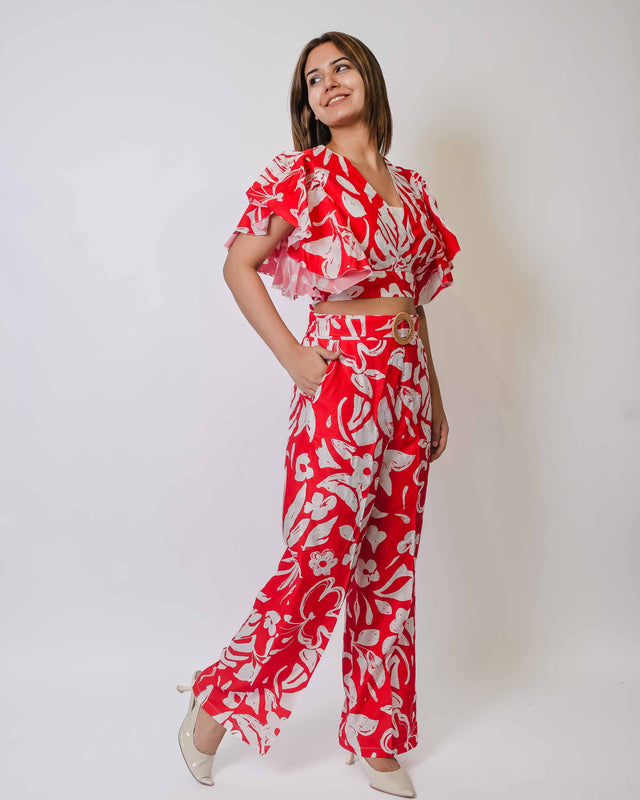 PRINTED COTTON BACK TIE KNOT TOP WITH STRAIGHT PANTS