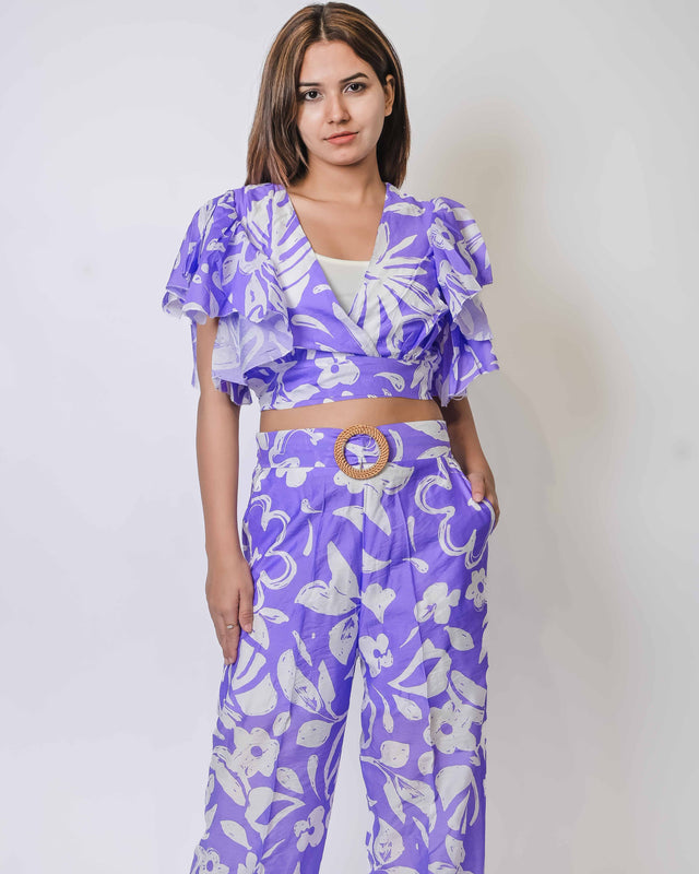 PRINTED COTTON BACK TIE KNOT TOP WITH STRAIGHT PANTS