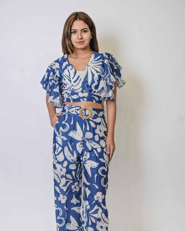 PRINTED COTTON BACK TIE KNOT TOP WITH STRAIGHT PANTS