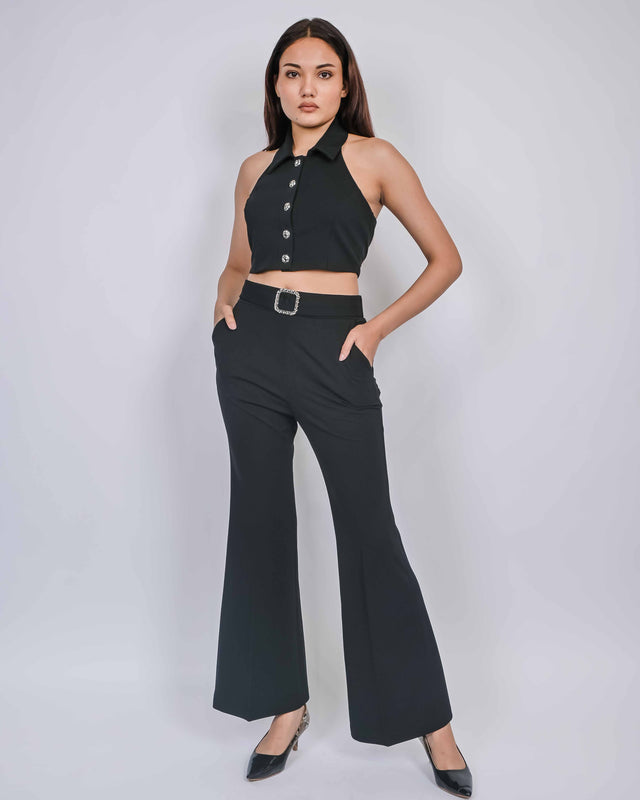 HALTER NECK BUTTON UP TOP WITH FLARED PANTS