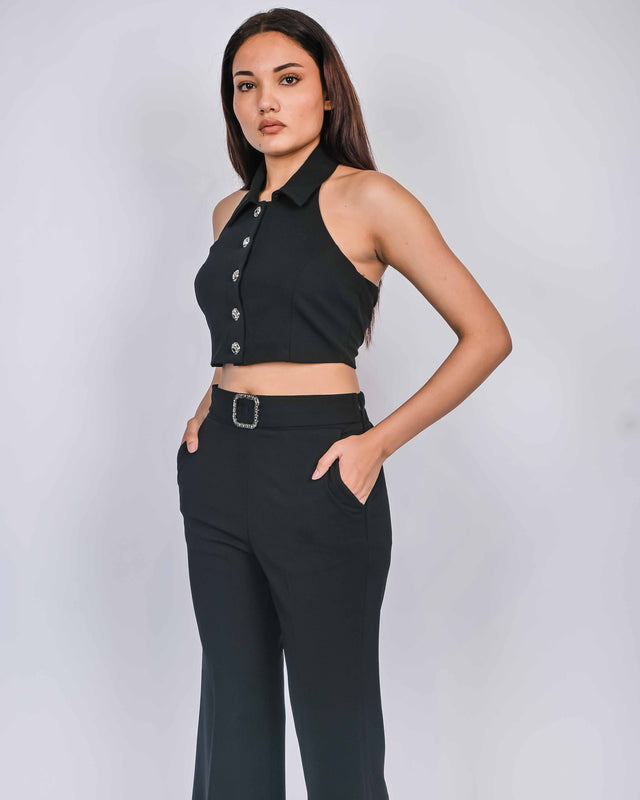 HALTER NECK BUTTON UP TOP WITH FLARED PANTS