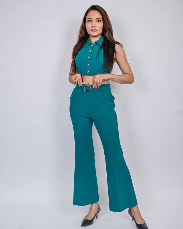 HALTER NECK BUTTON UP TOP WITH FLARED PANTS