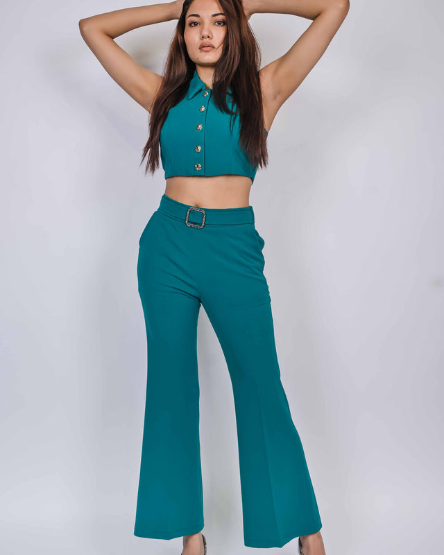 HALTER NECK BUTTON UP TOP WITH FLARED PANTS