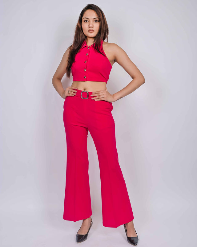 HALTER NECK BUTTON UP TOP WITH FLARED PANTS