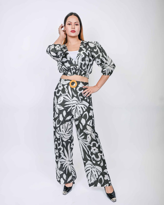 FLORAL PRINTED V NECK BALLOON TOP WITH PRINTED PANTS