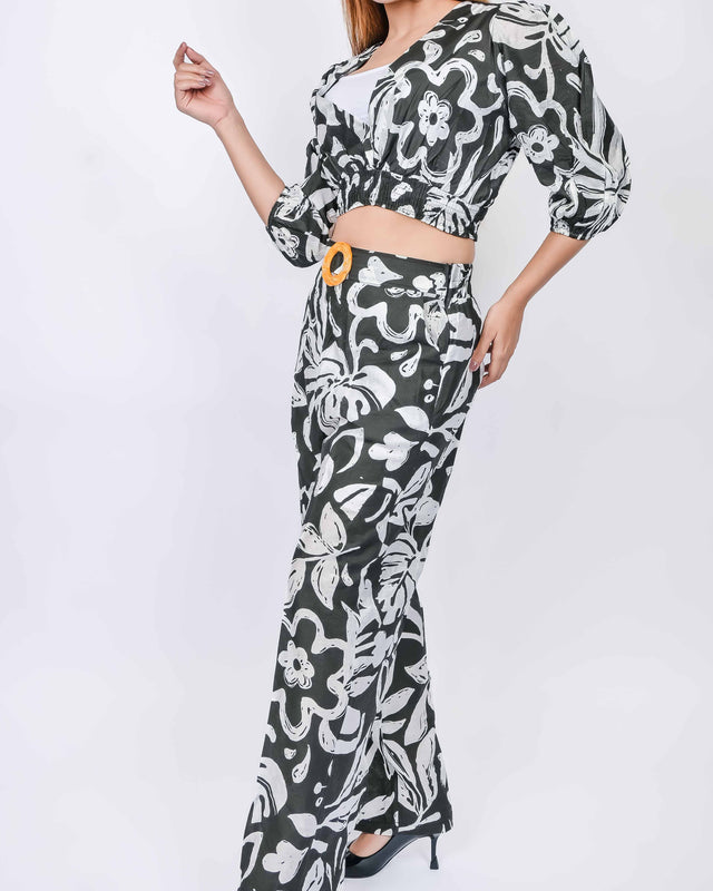 FLORAL PRINTED V NECK BALLOON TOP WITH PRINTED PANTS