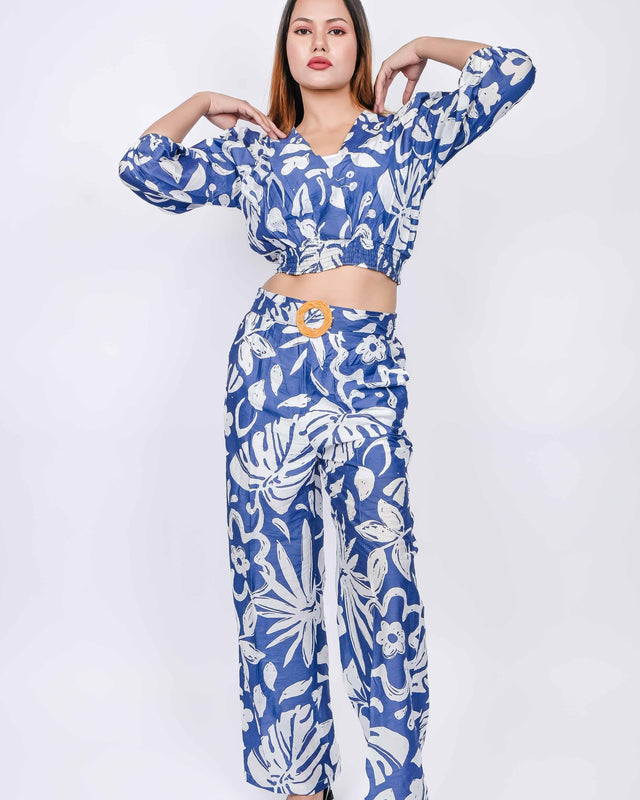 FLORAL PRINTED V NECK BALLOON TOP WITH PRINTED PANTS