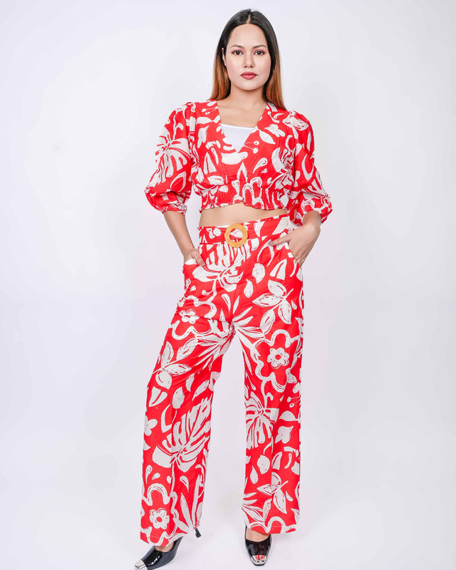 FLORAL PRINTED V NECK BALLOON TOP WITH PRINTED PANTS