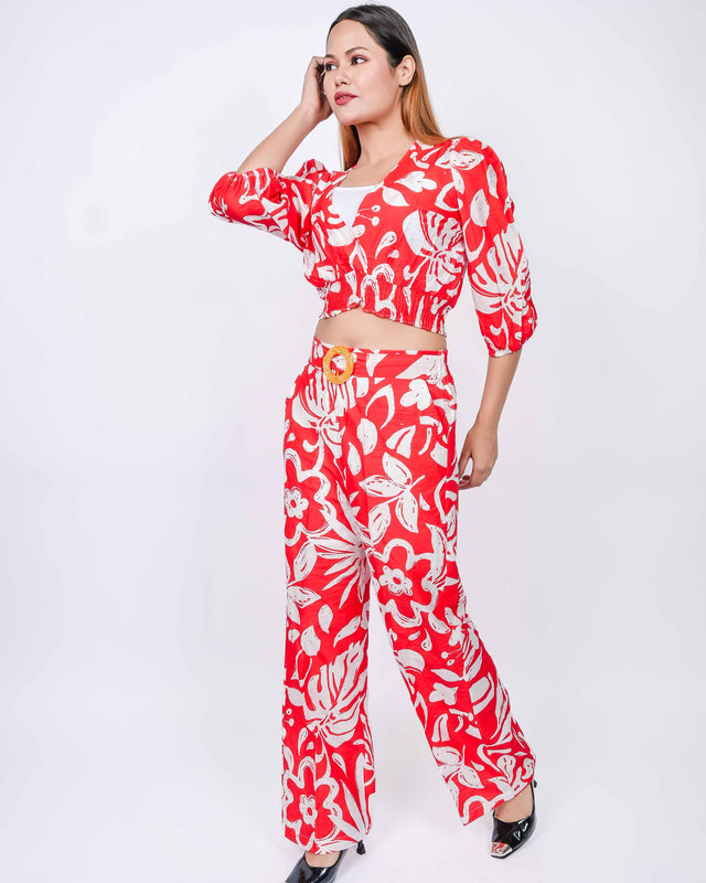 FLORAL PRINTED V NECK BALLOON TOP WITH PRINTED PANTS