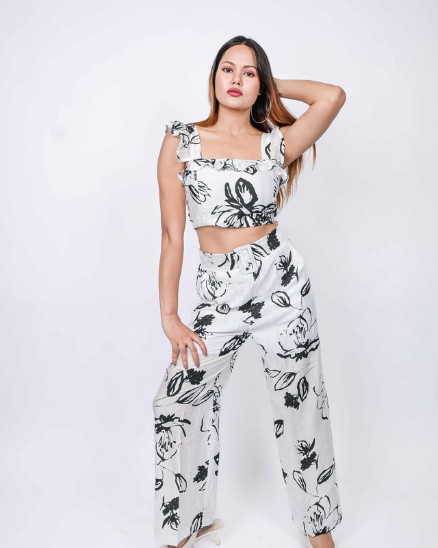 ELEGANT 2 PIECE FLORAL PRINTED SET WITH RUFFLED SLEEVES