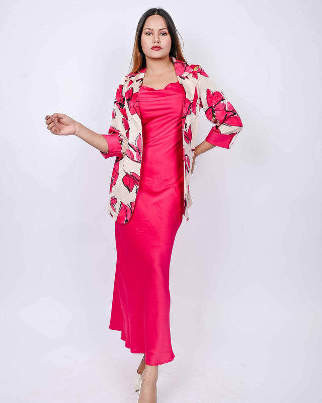 SATIN COWL NECK DRESS WITH PRINTED BLAZER