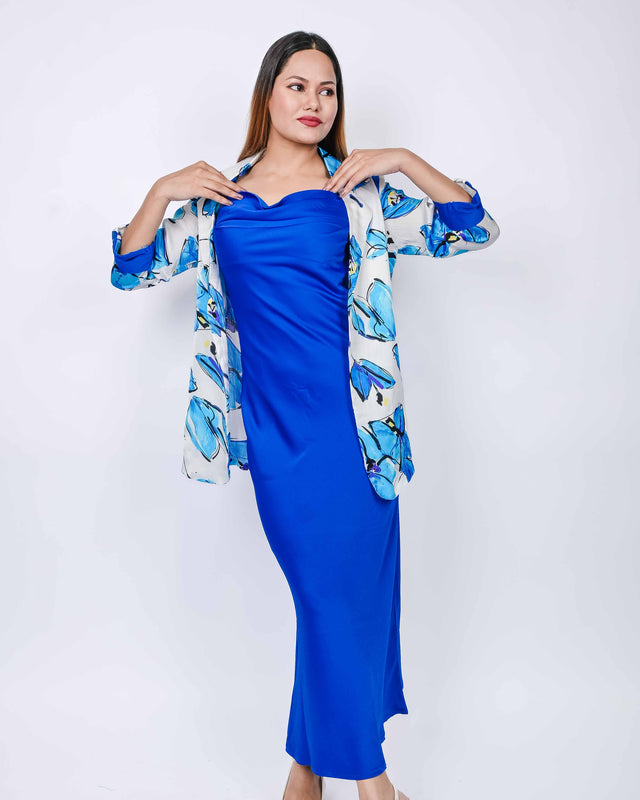 SATIN COWL NECK DRESS WITH PRINTED BLAZER