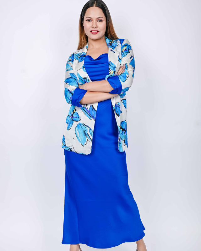 SATIN COWL NECK DRESS WITH PRINTED BLAZER