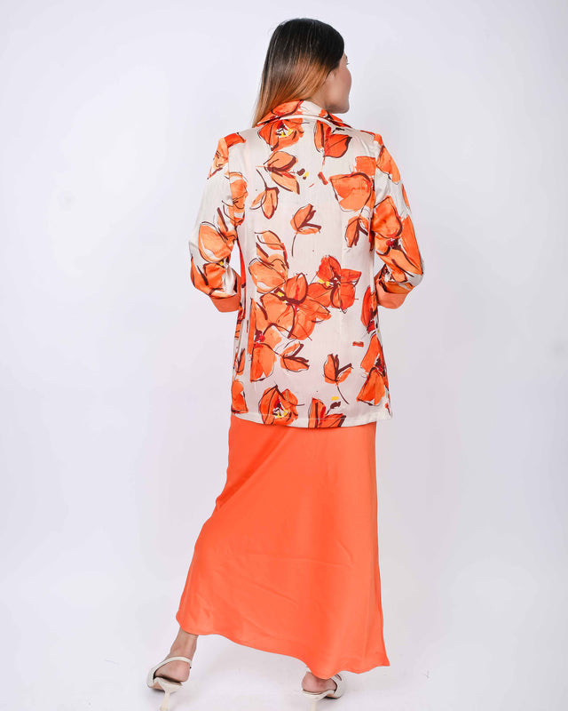 SATIN COWL NECK DRESS WITH PRINTED BLAZER