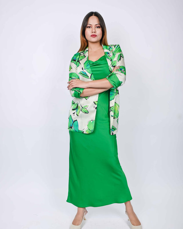 SATIN COWL NECK DRESS WITH PRINTED BLAZER