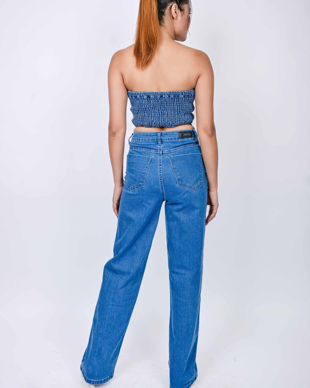 DENIM TUBE TOP WITH STRAIGHT JEANS