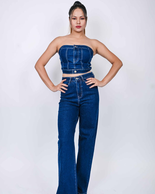 DENIM TUBE TOP WITH STRAIGHT JEANS