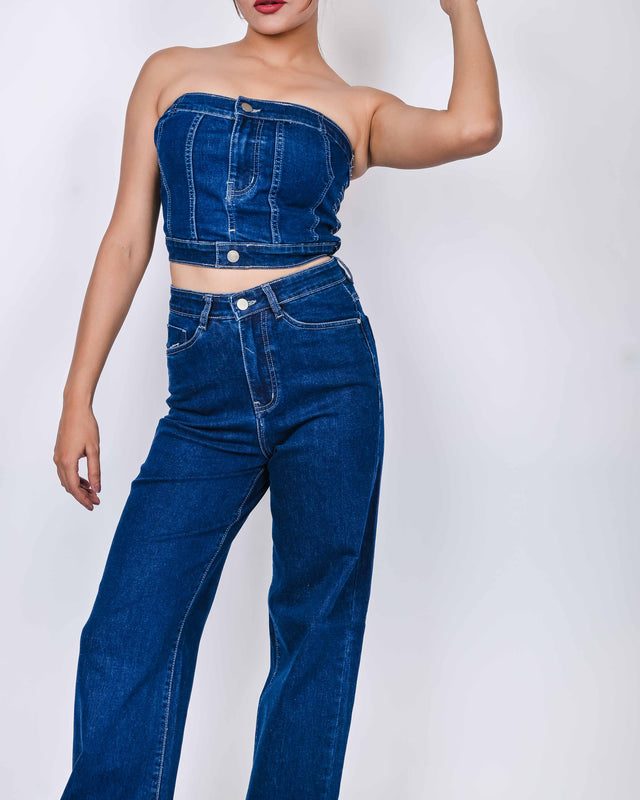 DENIM TUBE TOP WITH STRAIGHT JEANS