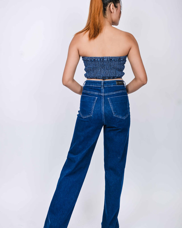 DENIM TUBE TOP WITH STRAIGHT JEANS