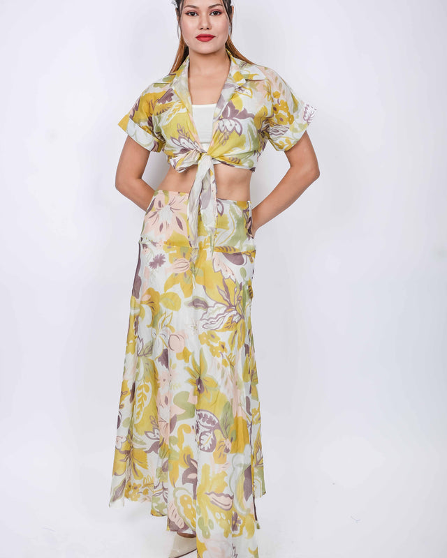 TIE UP PRINTED TOP WITH LONG MAXI SKIRT