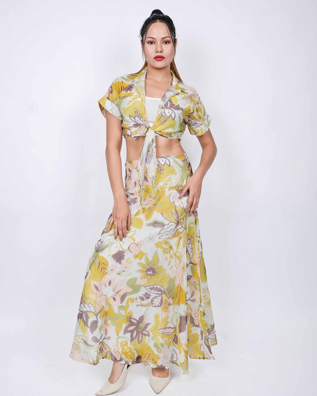 TIE UP PRINTED TOP WITH LONG MAXI SKIRT