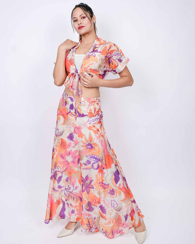 TIE UP PRINTED TOP WITH LONG MAXI SKIRT