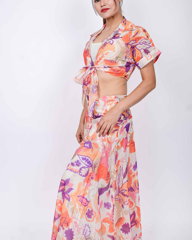 TIE UP PRINTED TOP WITH LONG MAXI SKIRT