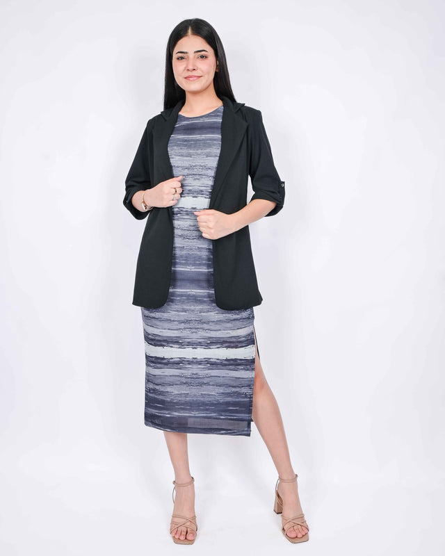 PATTERNED MESH DRESS WITH BLAZER