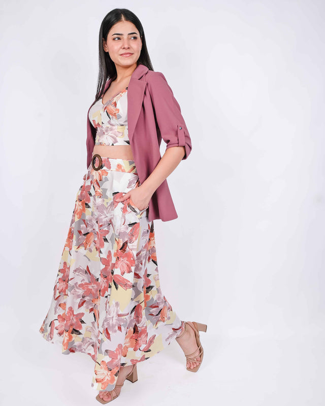 LONG FLARED SKIRT WITH CROP TOP AND BLAZER