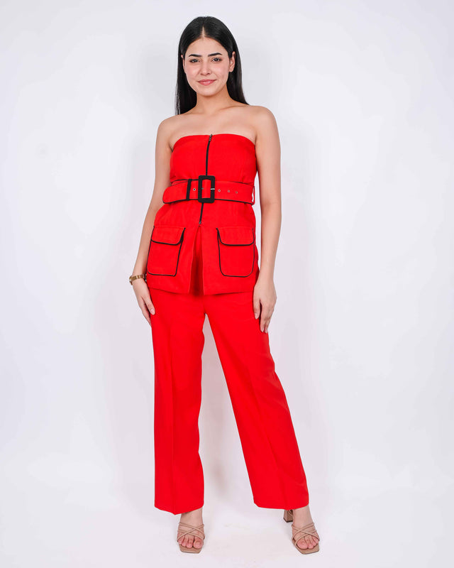 BELT DETAILED BUSTIER FRONT CHAINED TOP WITH TROUSERS