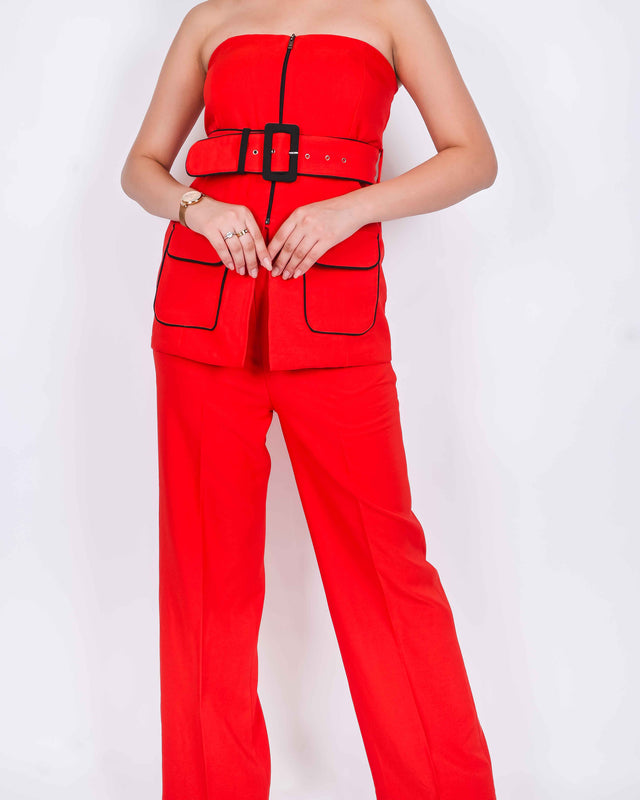 BELT DETAILED BUSTIER FRONT CHAINED TOP WITH TROUSERS