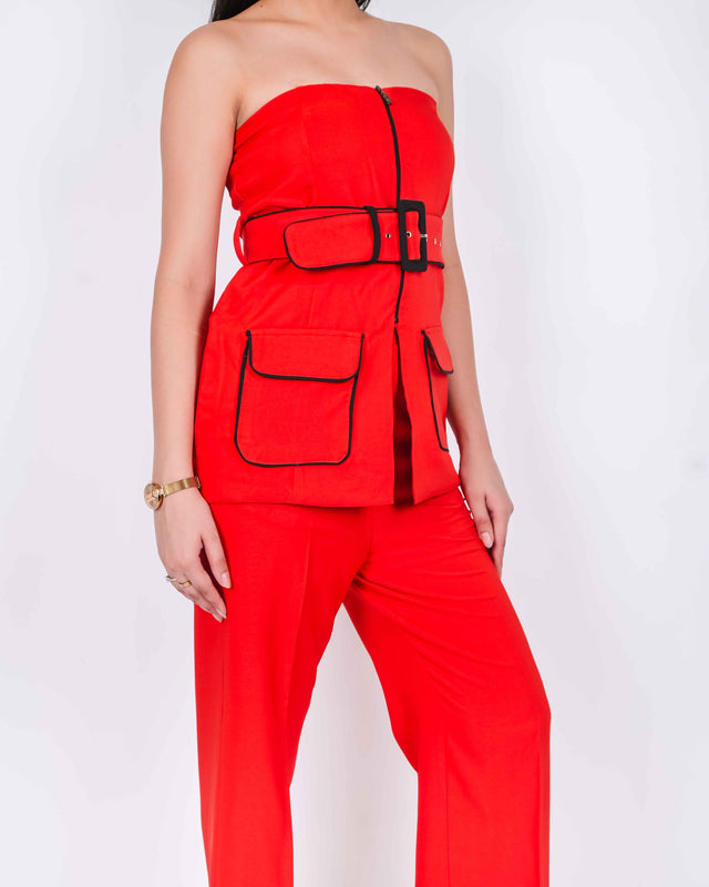 BELT DETAILED BUSTIER FRONT CHAINED TOP WITH TROUSERS