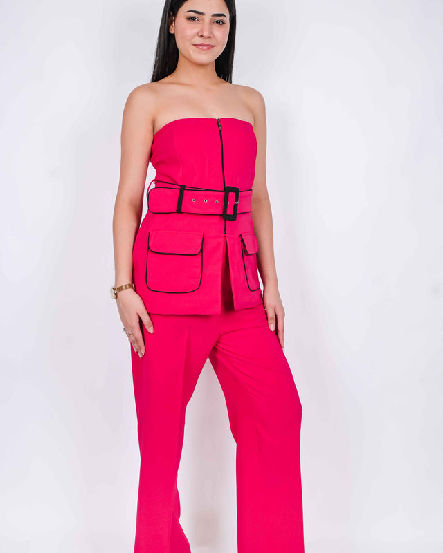 BELT DETAILED BUSTIER FRONT CHAINED TOP WITH TROUSERS