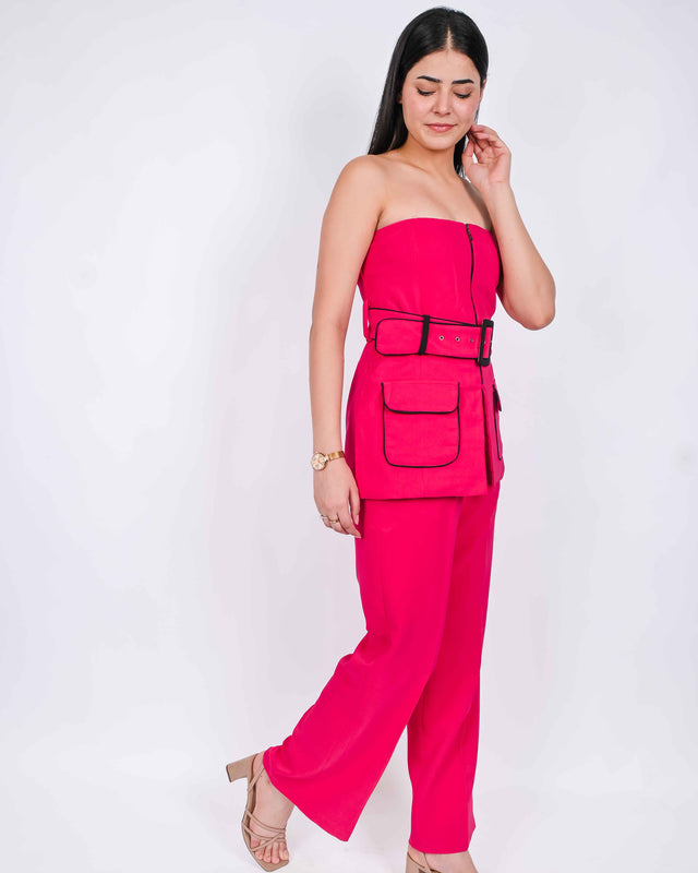 BELT DETAILED BUSTIER FRONT CHAINED TOP WITH TROUSERS