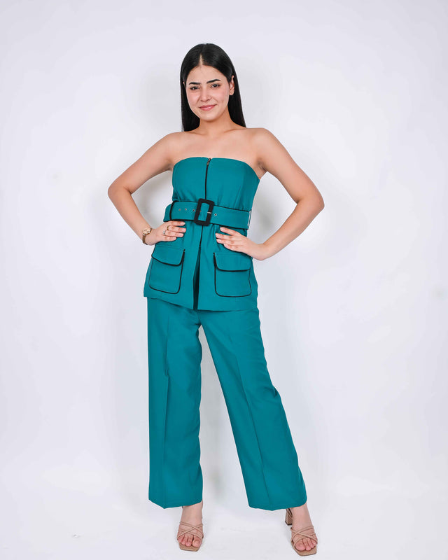 BELT DETAILED BUSTIER FRONT CHAINED TOP WITH TROUSERS