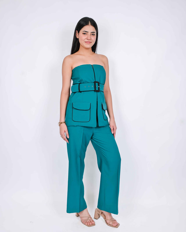 BELT DETAILED BUSTIER FRONT CHAINED TOP WITH TROUSERS