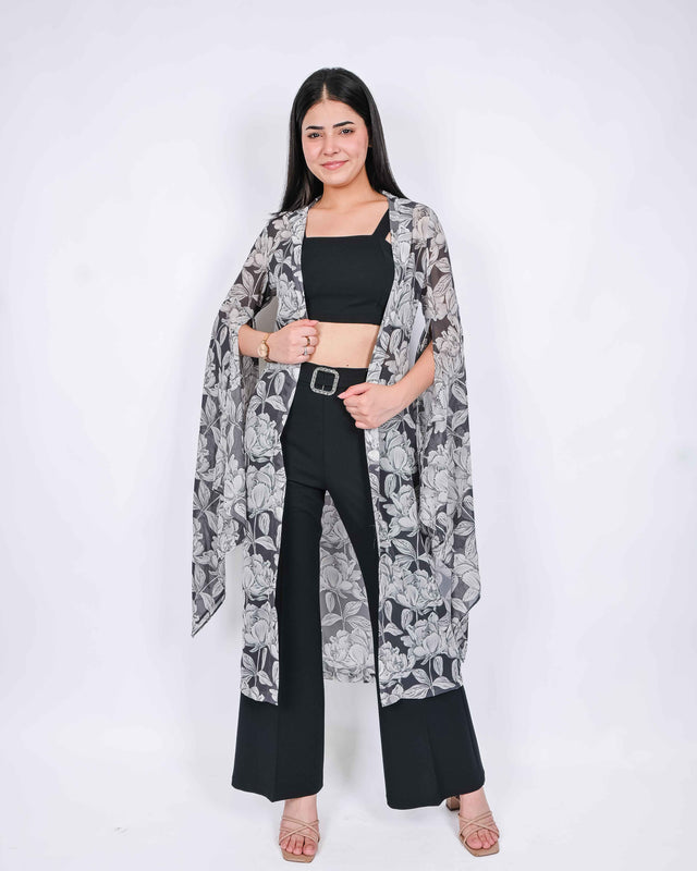 LONG PRINTED SHRUG WITH TROUSERS AND CROP TOP