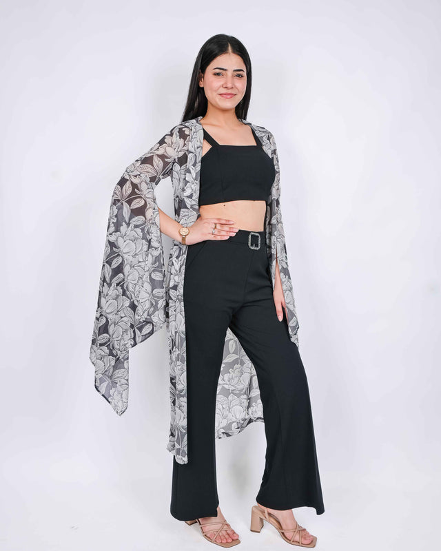 LONG PRINTED SHRUG WITH TROUSERS AND CROP TOP