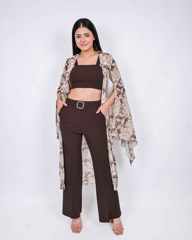 LONG PRINTED SHRUG WITH TROUSERS AND CROP TOP