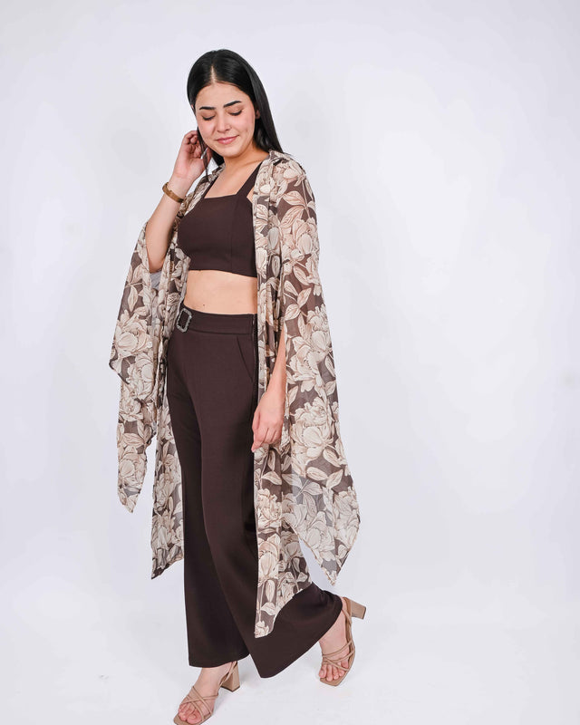 LONG PRINTED SHRUG WITH TROUSERS AND CROP TOP