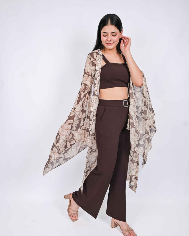 LONG PRINTED SHRUG WITH TROUSERS AND CROP TOP