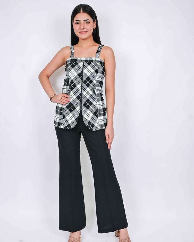 CHECKED FRONT ZIPPER TOP WITH BLACK TROUSERS