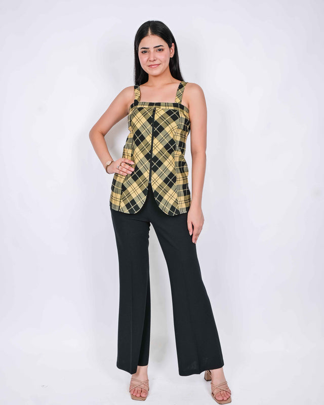 CHECKED FRONT ZIPPER TOP WITH BLACK TROUSERS