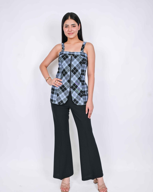 CHECKED FRONT ZIPPER TOP WITH BLACK TROUSERS