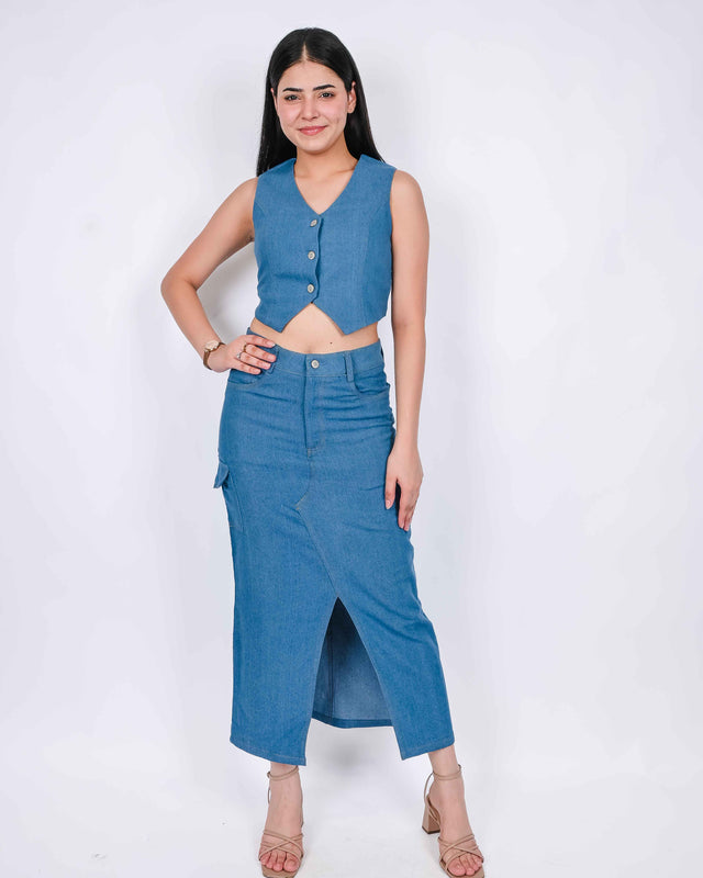 FRONT SLIT LONG DENIM SKIRT WITH WAIST COAT TOP