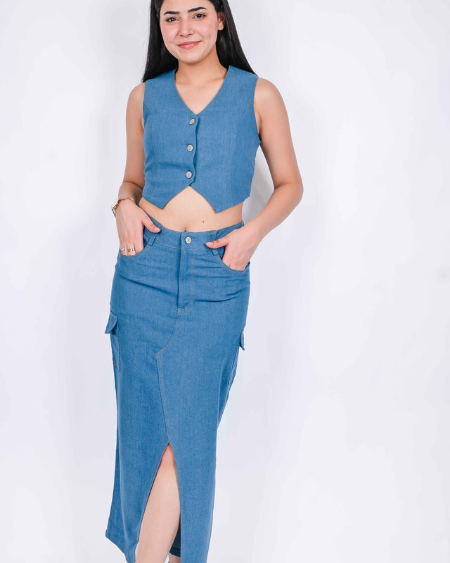 FRONT SLIT LONG DENIM SKIRT WITH WAIST COAT TOP