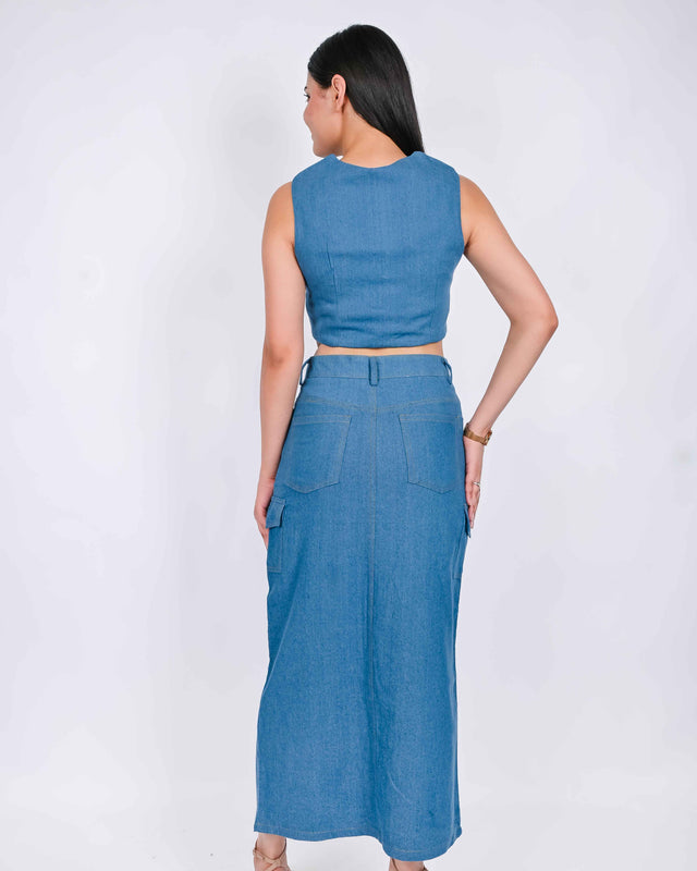 FRONT SLIT LONG DENIM SKIRT WITH WAIST COAT TOP